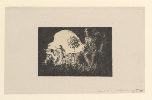 Man in a Cave with Two Creatures Before the Entrance
