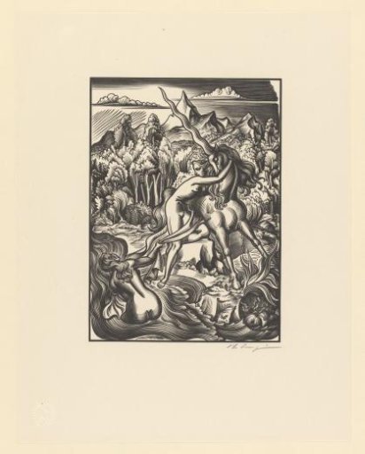 Naked woman being torn away from the unicorn she embraces