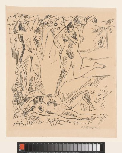 Three nude women in a landscape
