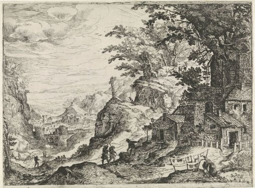 Berglandschap met ommuurde stad in het dal