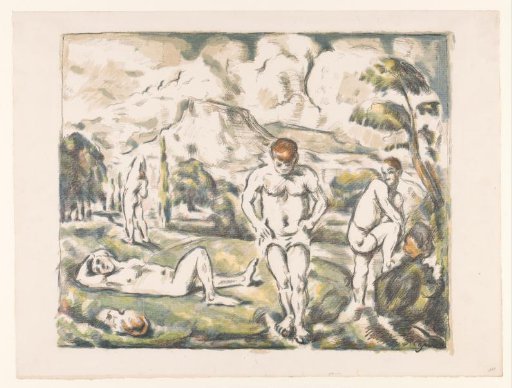 Bathing men in a hilly landscape