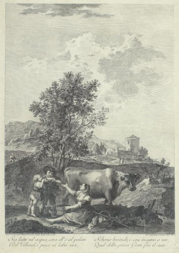 Milkmaid with two children in a landscape