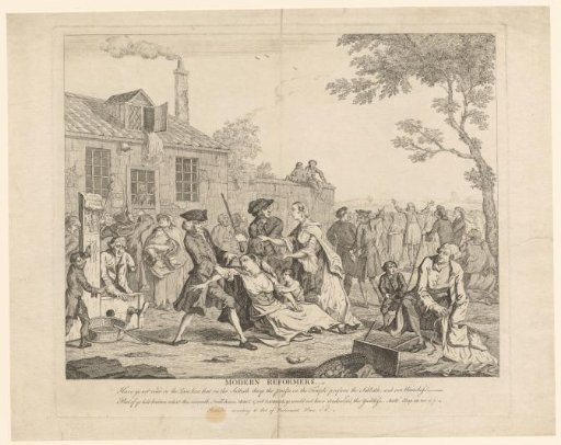 Arrest of a woman, a pillory, pickpockets, and a preacher in a square