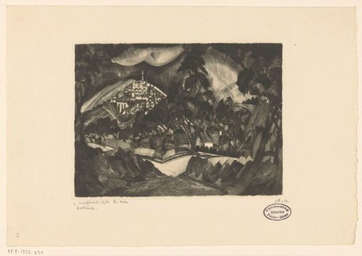 Hilly landscape with trees and buildings