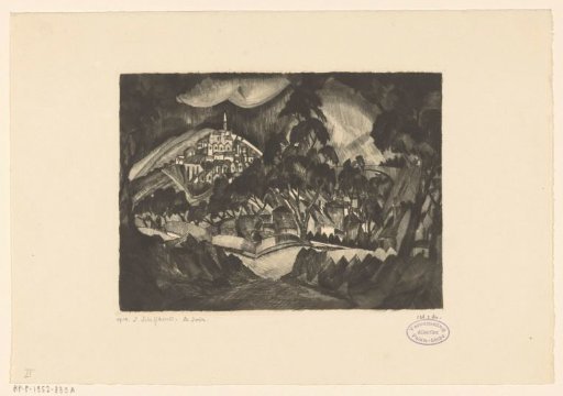 Hilly landscape with trees and buildings