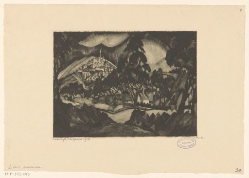 Hilly landscape with trees and buildings