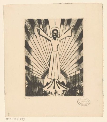 Christ with outstretched arms in a hilly landscape