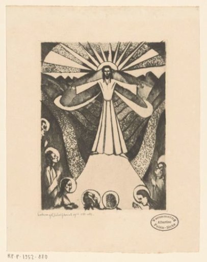Christ with outstretched arms in a hilly landscape