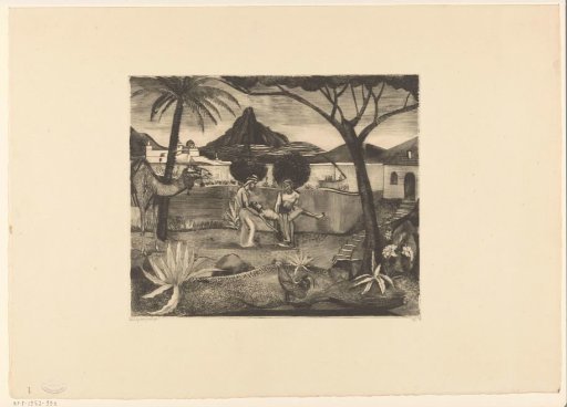 Two men carrying a man in a garden