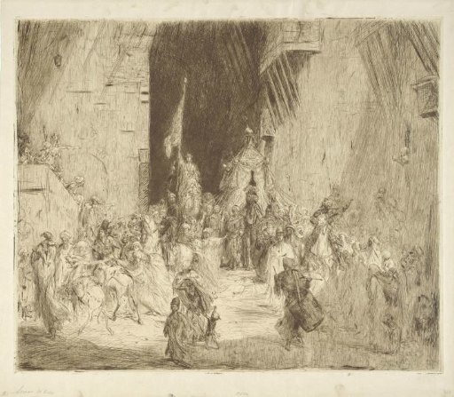 Procession in the streets of a city with camels
