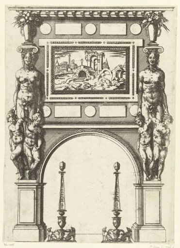 Two caryatids with vases on their heads at the corners of a chimney piece