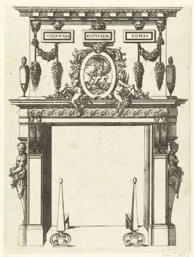 Chimney piece decorated with three cartouches with inscriptions, garlands, and mascarons