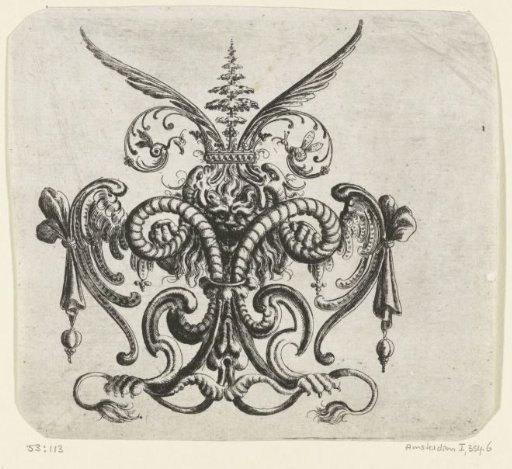 Lion's head between two coiled snakes