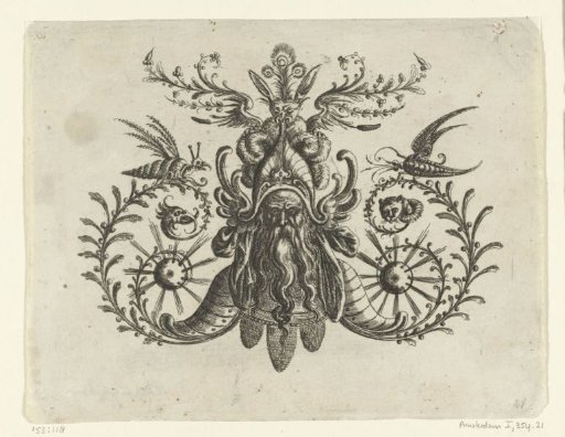 Head of a man with a long wavy beard between volutes and leafy tendrils
