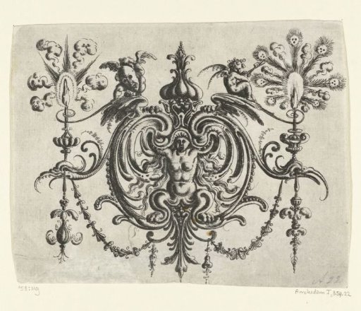 Crouching nude woman with claws, between volutes