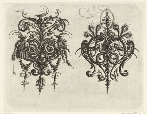 Two flat decorations with leafy tendrils and grotesques