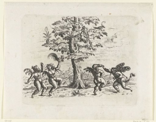 Four putti dancing in pairs by a tree