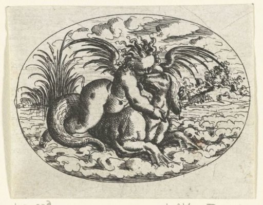 Horizontal oval with a putto on a sea creature