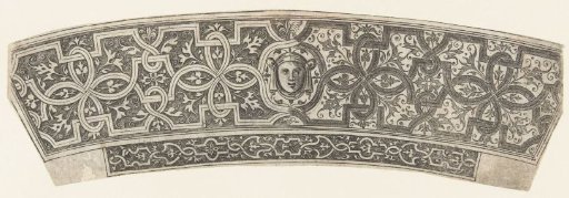 Lightly curved frieze with a mask in the center, below a narrow frieze