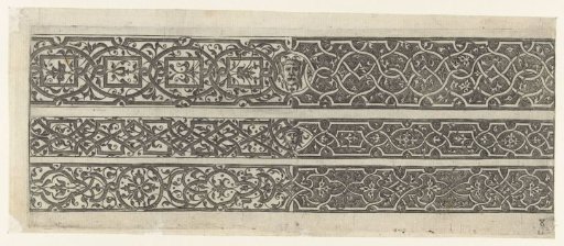 Three friezes with moresques, with a mask in the center of the upper two