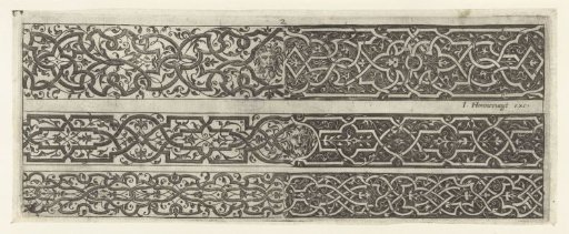 Three friezes with moresques, with a mask in the center of the upper two