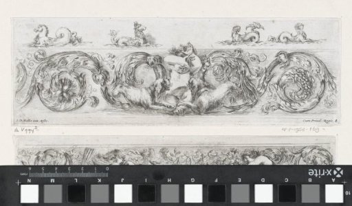 Two friezes with sea creatures, a putto and two dogs