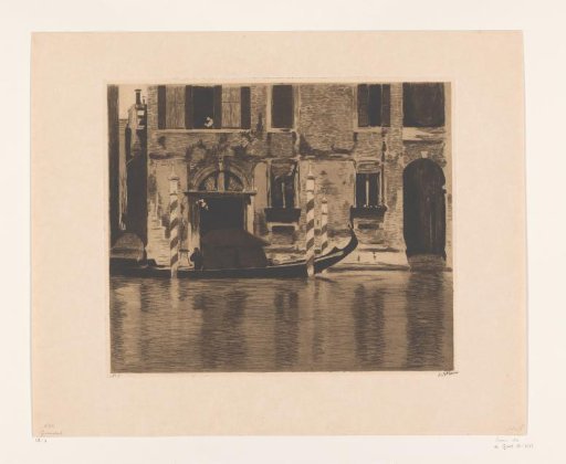 Moored Gondola with Superstructure in a Canal in Venice