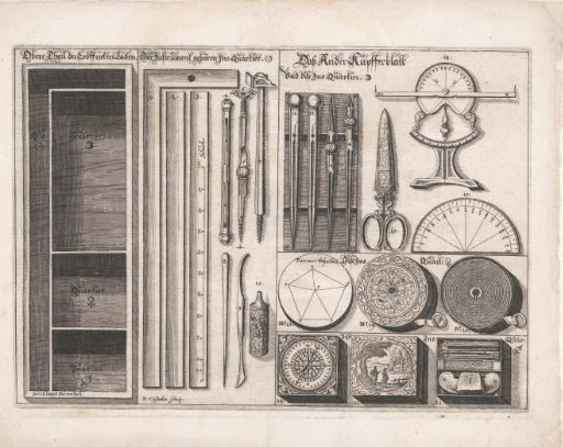 Open instrument case with compass, dividers, measuring tapes and the like