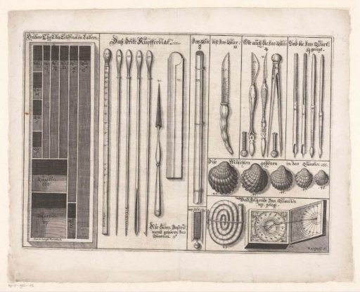 Open instrument case with sundial, shells, writing materials and the like