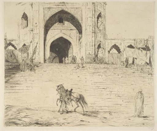 Horseman Beside His Horse in Front of the Jama Masjid in Delhi