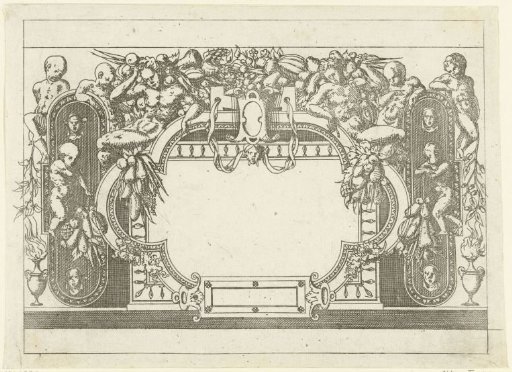 Rectangular cartouche with an oval frame with semicircular bulges over it