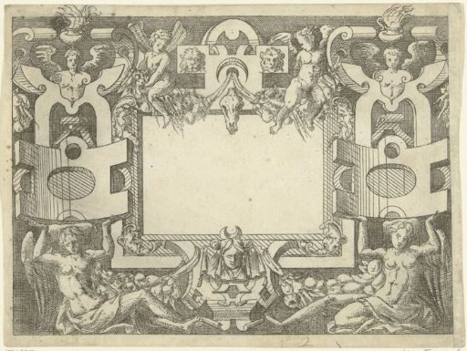 Rectangular cartouche, with two putti on garlands above it