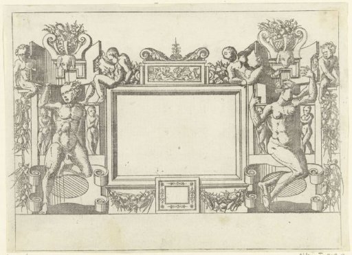 Rectangular cartouche between a man and a woman, seated on scrollwork