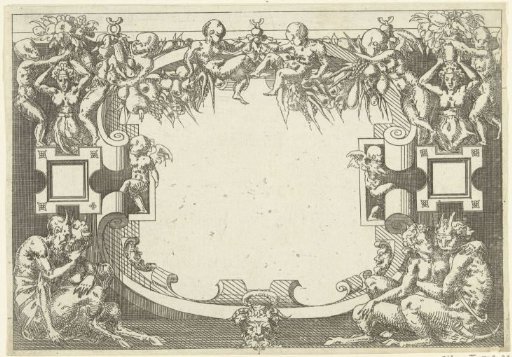 Oval cartouche, with a satyr pair seated at the bottom left and right