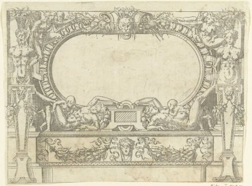 Oval cartouche between a male and female herm