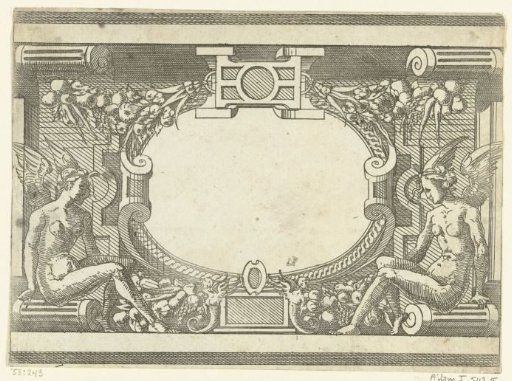 Oval cartouche, flanked by two angels