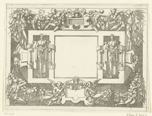 Square cartouche, flanked by two female herms