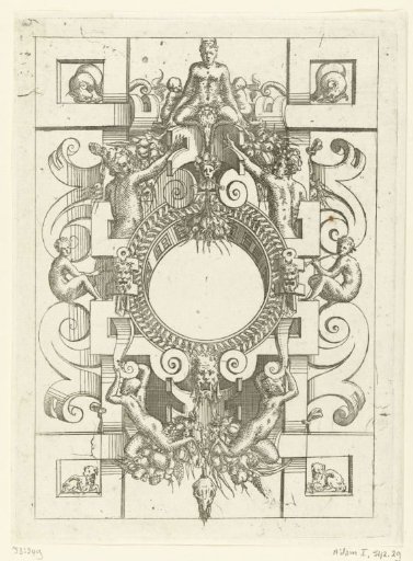 Round cartouche, with a satyr seated between two children at the top center