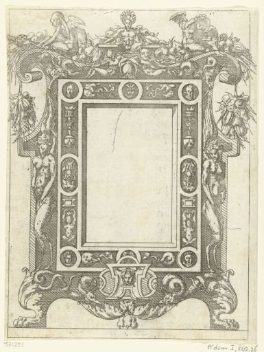Rectangular cartouche in a frame decorated with grotesques, vases and medallions with mascarons