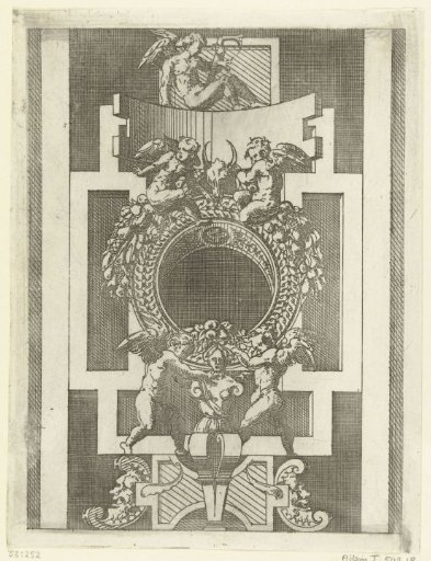 Round cartouche, supported by two putti and a female herm