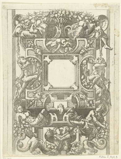 Square cartouche, in a broad frame of scrollwork with garlands of fruit and children