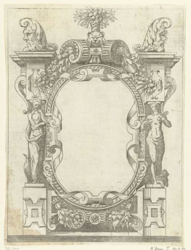 Oval cartouche in a frame of scrollwork with garlands of fruit