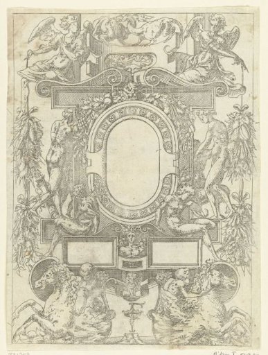 Oval cartouche with two fantastic beasts with intertwined necks at the top center