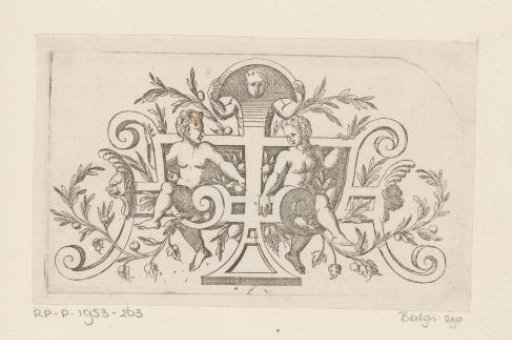 Scrollwork with seated figures