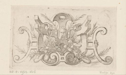 Scrollwork with fruit and three masks