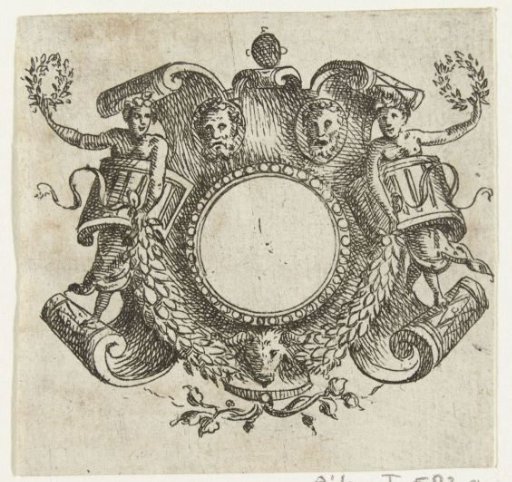 Round cartouche between a female and a male satyr