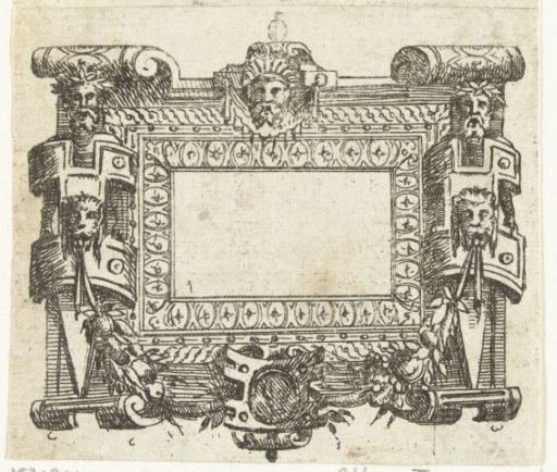 Rectangular cartouche between two herms, framed in scrollwork