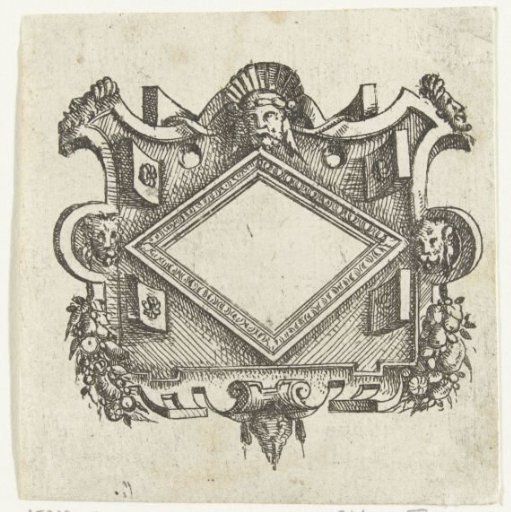 Diamond-shaped cartouche, surrounded by three mascarons