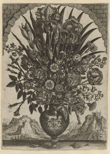 Vase with flowers in an arched window