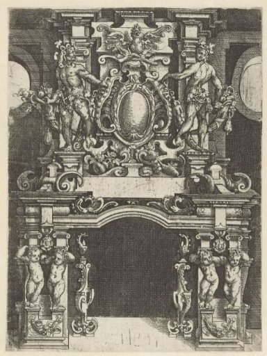 Chimney piece with a wild man (left) and a wild woman (right) next to an empty oval cartouche